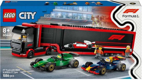 LEGO 60445 F1 Truck met RB20 en AMR24 F1 Auto's